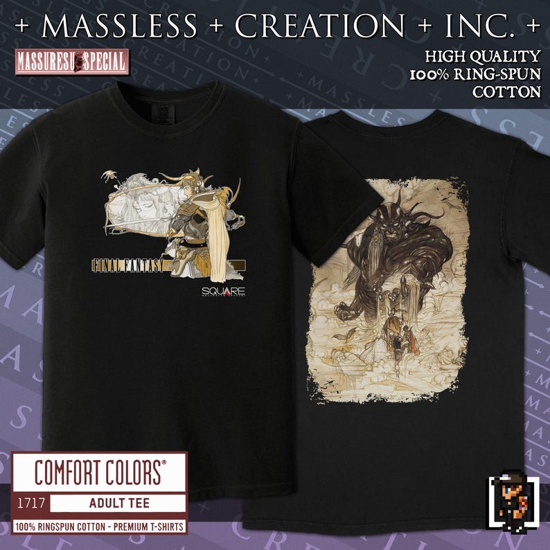 A black or charcoal grey Final Fantasy shirt printed on comfort colors 1717. It is a relaxed fit shirt with 100% ringspun cotton and custom high quality print. The print color is a vibrant sepia and gold. The Final Fantasy logo color is the classic tall font design with a large Warrior of Light and princess Sarah across the chest - the old school Square logo is underneath. The shirt is two sided. The full print on the back is the four Warriors of light fighting a Titan.