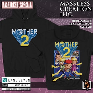 May include: Black adult hoodie featuring the text "MOTHER 2" in white and yellow, with a graphic of the game's characters. The hoodie is made of ring-spun cotton. The hoodie also has the text "SUPER FAMICOM" and Japanese text.