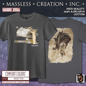 A black or charcoal grey Final Fantasy shirt printed on comfort colors 1717. It is a relaxed fit shirt with 100% ringspun cotton and custom high quality print. The print color is a vibrant sepia and gold. The Final Fantasy logo color is the classic tall font design with a large Warrior of Light and princess Sarah across the chest - the old school Square logo is underneath. The shirt is two sided. The full print on the back is the four Warriors of light fighting a Titan.