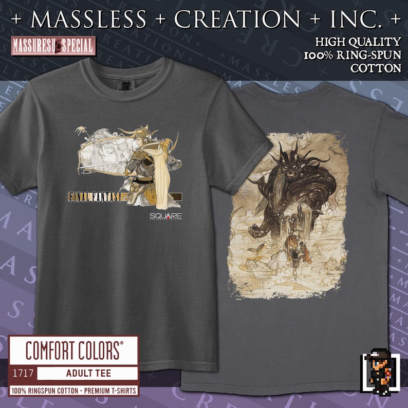 A black or charcoal grey Final Fantasy shirt printed on comfort colors 1717. It is a relaxed fit shirt with 100% ringspun cotton and custom high quality print. The print color is a vibrant sepia and gold. The Final Fantasy logo color is the classic tall font design with a large Warrior of Light and princess Sarah across the chest - the old school Square logo is underneath. The shirt is two sided. The full print on the back is the four Warriors of light fighting a Titan.