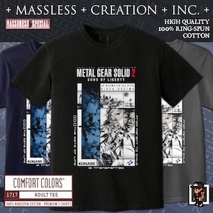 May include: Three adult t-shirts in navy, black, and grey, featuring a graphic from Metal Gear Solid 2: Sons of Liberty. The design includes text and images, with the words "METAL GEAR SOLID 2" and "SONS OF LIBERTY" prominently displayed. The shirts are made of 100% ring-spun cotton.