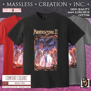 Puede incluir: Tres camisetas para adultos en rojo, negro y gris. La camiseta negra presenta un gráfico de "Phantasy Star II" con un personaje con capa blanca. Las camisetas son de algodón 100% hilado en anillo. El texto "Comfort Colors" es visible.