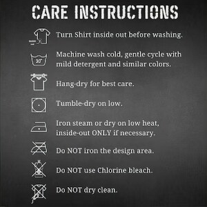 May include: Black background with white text reading "CARE INSTRUCTIONS." Instructions include washing, drying, and ironing guidelines for clothing. Symbols and text detail how to wash, dry, and iron the garment to maintain its quality.