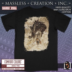 A black or charcoal grey Final Fantasy shirt printed on comfort colors 1717. It is a relaxed fit shirt with 100% ringspun cotton and custom high quality print. The print color is a vibrant sepia and gold. The Final Fantasy logo color is the classic tall font design with a large Warrior of Light and princess Sarah across the chest - the old school Square logo is underneath. The shirt is two sided. The full print on the back is the four Warriors of light fighting a Titan.