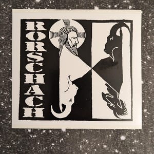 May include: Black and white sticker featuring a graphic of a bearded man with a halo on the left and a horned figure on the right. The text "RORSCHACH" is printed vertically on the left side of the sticker.