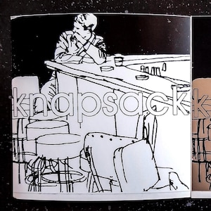 May include: Black and white illustration of a person sitting at a bar with a drink in front of them. The bar is empty except for a few stools. The illustration is in a vintage style.