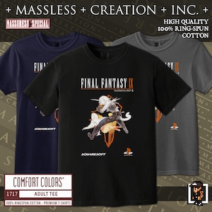 May include: Three adult t-shirts in navy blue, black, and gray, featuring the text "FINAL FANTASY IX" and a graphic of characters from the game. The shirts are made of 100% ring-spun cotton.