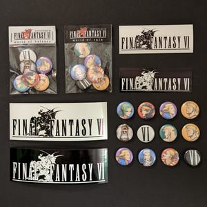May include: A collection of Final Fantasy VI merchandise, including stickers, buttons, and packaging. The stickers feature the game's logo and characters. The buttons feature various characters from the game. The packaging is for the game's World of Balance and World of Ruin versions.