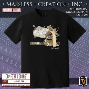 A black or charcoal grey Final Fantasy shirt printed on comfort colors 1717. It is a relaxed fit shirt with 100% ringspun cotton and custom high quality print. The print color is a vibrant sepia and gold. The Final Fantasy logo color is the classic tall font design with a large Warrior of Light and princess Sarah across the chest - the old school Square logo is underneath. The shirt is two sided. The full print on the back is the four Warriors of light fighting a Titan.