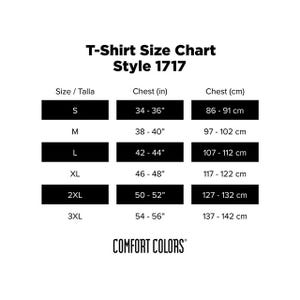 May include: A black and white T-shirt size chart for Style 1717, with chest measurements in inches and centimeters. Sizes range from S (34-36" chest) to 3XL (54-56" chest). The Comfort Colors logo is at the bottom.