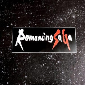 May include: A black and white logo with the text "Romancing Saga" in white with a red "S" on a black background.