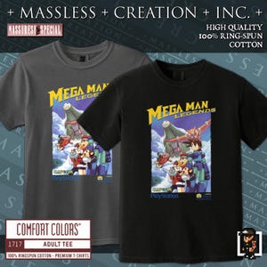Puede incluir: Dos camisetas para adultos, una gris antracita y otra negra, con el gráfico del videojuego "Mega Man Legends". Las camisetas están hechas de 100% algodón hilado en anillos y tienen la etiqueta de la marca "Comfort Colors".