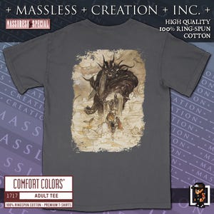 A black or charcoal grey Final Fantasy shirt printed on comfort colors 1717. It is a relaxed fit shirt with 100% ringspun cotton and custom high quality print. The print color is a vibrant sepia and gold. The Final Fantasy logo color is the classic tall font design with a large Warrior of Light and princess Sarah across the chest - the old school Square logo is underneath. The shirt is two sided. The full print on the back is the four Warriors of light fighting a Titan.