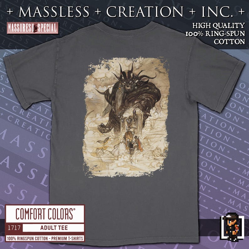 A black or charcoal grey Final Fantasy shirt printed on comfort colors 1717. It is a relaxed fit shirt with 100% ringspun cotton and custom high quality print. The print color is a vibrant sepia and gold. The Final Fantasy logo color is the classic tall font design with a large Warrior of Light and princess Sarah across the chest - the old school Square logo is underneath. The shirt is two sided. The full print on the back is the four Warriors of light fighting a Titan.