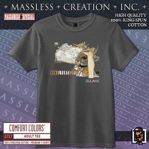 A black or charcoal grey Final Fantasy shirt printed on comfort colors 1717. It is a relaxed fit shirt with 100% ringspun cotton and custom high quality print. The print color is a vibrant sepia and gold. The Final Fantasy logo color is the classic tall font design with a large Warrior of Light and princess Sarah across the chest - the old school Square logo is underneath. The shirt is two sided. The full print on the back is the four Warriors of light fighting a Titan.