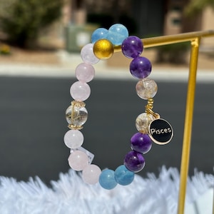 Pisces Zodiac Bracelet – Natural Amethyst, Rose Quartz, Aquamarine & Rutilated Quartz Crystals