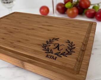 Custom Monogram Bamboo Cutting Board, Personalized Engraved Tray with Wreath Design