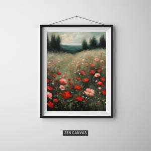 Red Wildflower Field Framed Wall Art, Vintage Botanical Landscape, Floral Decor, Modern Farmhouse Canvas Art, Field Of Flowers Canvas Print