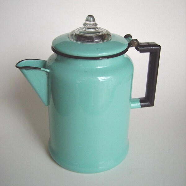 Vintage aqua turquoise & black enamel 6 cup coffee percolator pot - graniteware basket / stem - gorgeous retro kitchen / glamping accessory