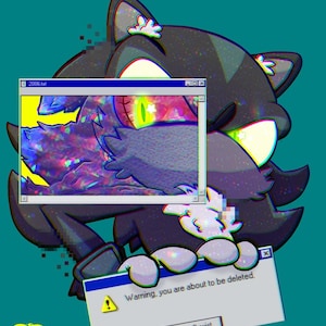 May include: A digital illustration of a dark, spiky-haired character with glowing green eyes and white flowers on its head. A computer window titled 2006.txt displays a colorful, glitchy close-up, while a warning box reads: Warning, you are about to be deleted. i want 2 exist.