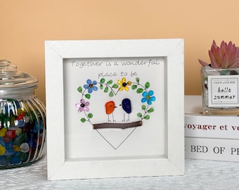 Heart Sea Glass Art, Bird Couple on Branch, Anniversary Gift