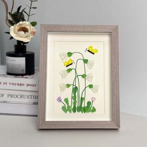 Snowdrops Sea Glass Art Framed Picture, Butterfly and Flowers Seaglass Beach Art,Sea Glass Artwork, Flowers Art Decor, Valentine&#39;s Day Gifts