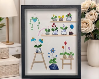 Sea glass art - Sea glass indoor garden or Greenhouse - Framed Unique Handmade - Seaglass art  Picture Frame Housewarming Gifts Home Decor