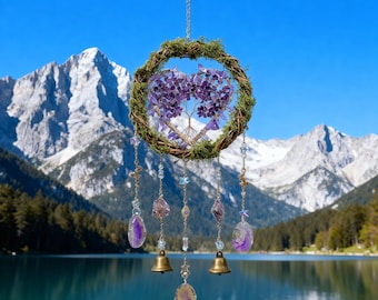 Handmade Tree of Life Amethyst Wind Chime, Healing Gem Sun Catcher