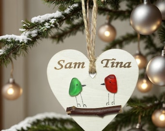 Personalized Sea Glass Birds Art Ornament Friendship Gift, Custom Couple Names with Heart, Valentine's Day Gifts, Boyfriend Girlfriend Gifts