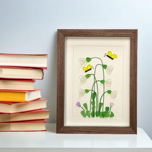 Snowdrop Sea Glass Art Photo Frame, Butterfly on Flowers Sea Glass Art Decoration, Flower Art Decoration, New Home Housewarming Gifts