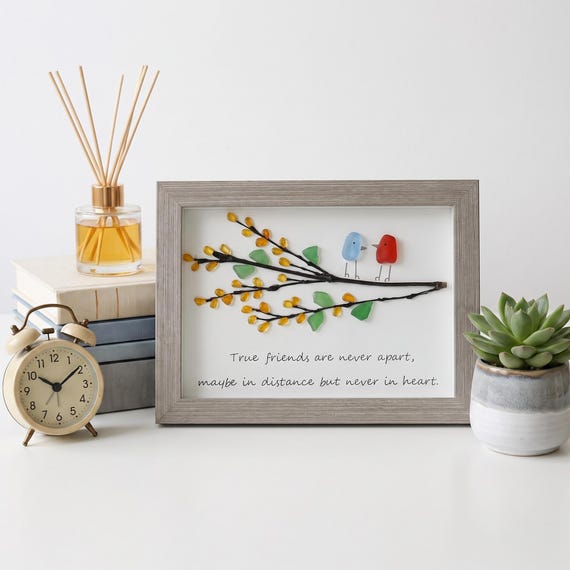 Framed Friendship Gift,6X8 Picture, Sea Glass and Driftwood Art, Perfect Gift for Friend Family Sister, Handmade Original Beach Glass Art
