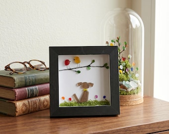 Sea Glass Dog & Bird Scene Mini Art，Cottagecore Decor, Sympathy Gift for Loss of Cat