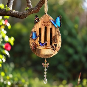 May include: A teardrop-shaped wooden butterfly house featuring the text Tina's Garden, adorned with several colorful butterfly figures, a small circular feeding dish, and a dangling ornament with a butterfly charm and a clear crystal prism.