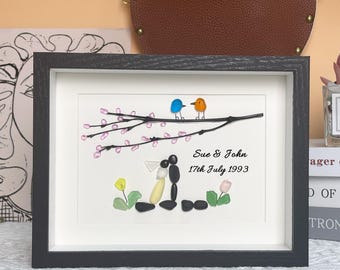 Personalized Sea Glass Art Pictures for Wedding Anniversary, Couple Wedding Anniversary Gift, Wedding Anniversary Sea Glass Framed Artwork