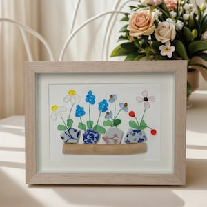 Beach Sea Glass Flowers Art Pictures, Handmade Sea Glass Art Framed Decor, Friendship Anniversary Mother&#39;s Day gift Idea,,New House Gifts