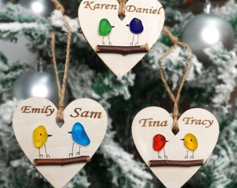 Personalized Couple of Sea Glass Birds Christmas Ornament, Custom Couple Names with Heart, Valentine's Day Gifts, Boyfriend Girlfriend Gifts