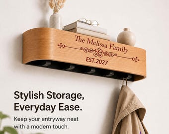 Personalized Key Holder for Wall,  Solid Wood Wall Mounted Coat Rack with Shelf & 5 Hidden Hooks，Housewarming Gift