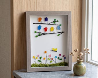 Sea Glass Art Photo Frame with Blooming Flowers & Resting Birds, Handcrafted Coastal Wall Decor, Perfect Gift for Beach Enthusiasts