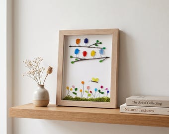 Handmade Sea Glass Floral & Perched Bird Art Photo Frame, Coastal Home Decor Gift for Beach Lovers