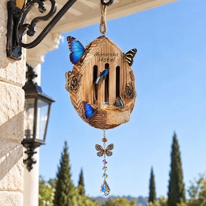 May include: A wooden butterfly house with the text "Monarchs Hotel" printed on the front. It features vertical slots, a small circular feeding dish, and several decorative butterflies attached to the exterior. A dangling crystal butterfly ornament hangs from the bottom.