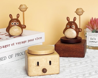 Totoro Rotating Music Box, Engraved Wooden Base, Bookshelf Ornament