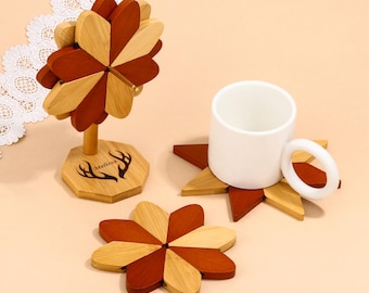 Personalized Wooden trivets for hot Dishes, Windmill Shaped 5pcs Wooden trivets，trivets for hot pots and Pans, Wooden Coasters trivets Set