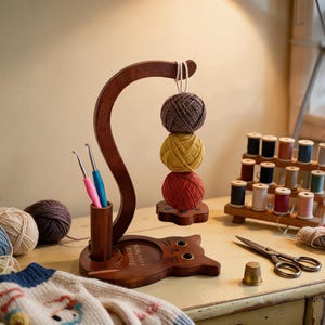 May include: A dark wood yarn bowl and holder shaped like a cat, featuring a curved arm to suspend three yarn balls in brown, yellow, and red. The base includes a cylindrical holder for two crochet hooks and is engraved with Jessica 12/25/2026.