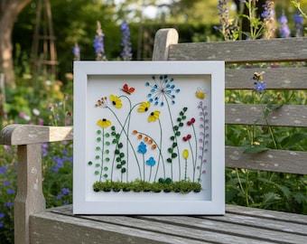 Handmade Beach Glass Flower Garden Picture, Botanical Insect Artwork
