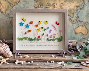 Butterfly and Wildflowers Sea Glass Art, Unique Original Framed Beach Artwork, Arte en vidrio marino Pretty Flowers Wall Art Birthday Gifts