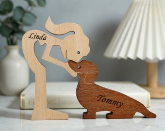 Handmade Wooden Dachshund Statue，Woman and Dog Wooden Craft Figurine，Corgi Dog Statue Wood Small Decorations for Home,Office,Living Decor