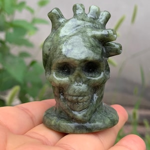 Skullis Crystal Skull, green stone Hand Carved Skull Fine Art Sculpture, Crystal Healing, Home Decor, Gif