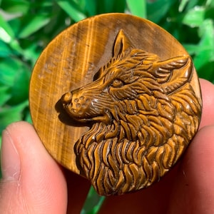 May include: A round, brown tiger's eye stone pendant with a carved wolf head design.