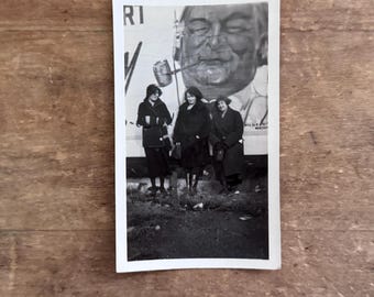 Antique Women in front of Mural Photo Black and White Old Photograph