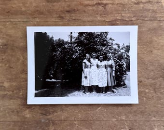 Antique Women Standing in Front of Flower Bush Photo Black and White Old Photograph